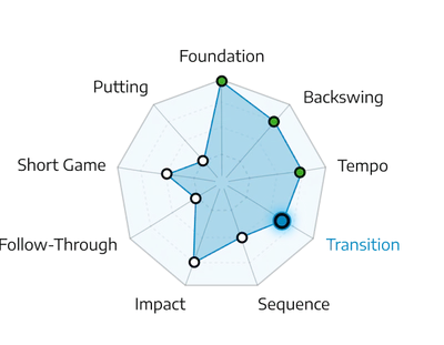 Skill ladder radar showing progress across foundation, backswing, tempo, transition, sequence, impact, follow-through, short game, and putting